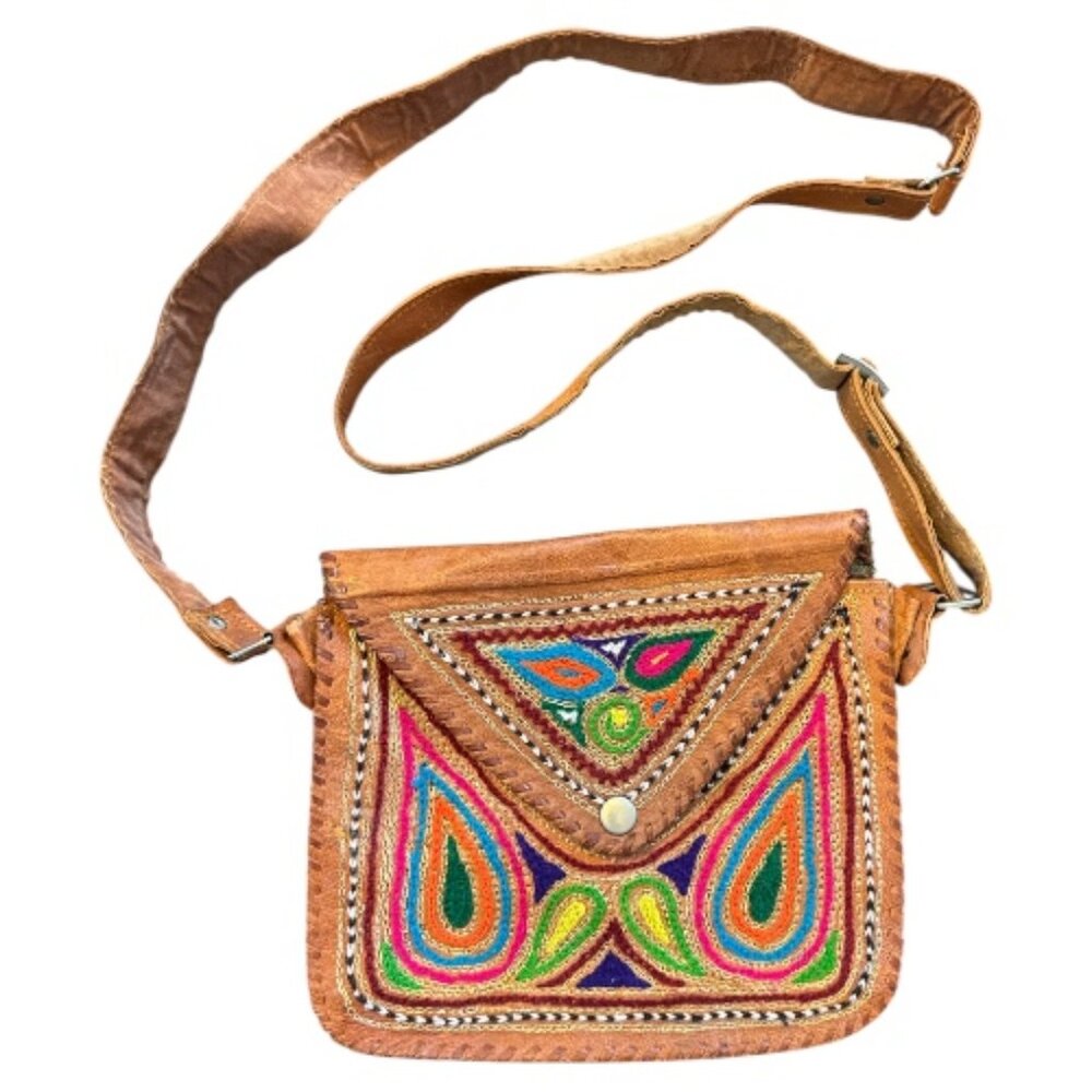 Handcrafted Leather Embroidered Vibrant Multi-Colored Crossbody Bag